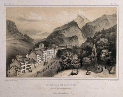 Les Eaux-Bonnes, Basses Pyrénées, France. Colour lithograph by A. and/or P. Gorse after A. and/or P. Gorse.