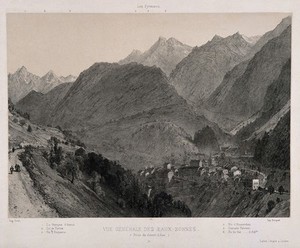 view Les Eaux-Bonnes, Basses Pyrénées: view from above. Lithograph by E. Ciceri, 1858.