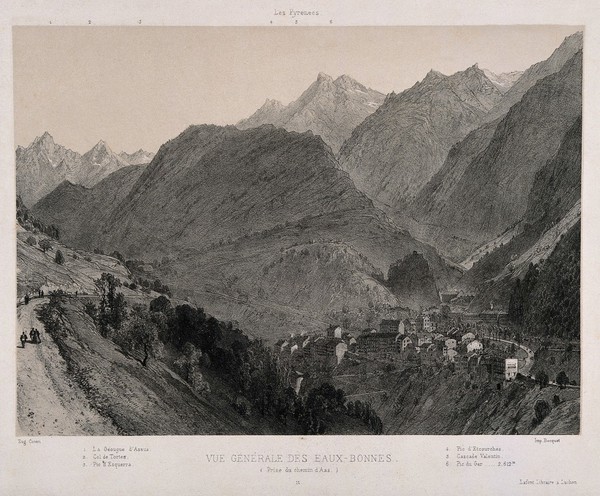 Les Eaux-Bonnes, Basses Pyrénées: view from above. Lithograph by E. Ciceri, 1858.