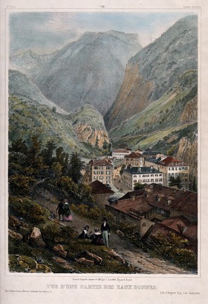 view Les Eaux-Bonnes, Pyrénées: the town with surrounding mountains, and people in the foreground on a path above the town. Coloured lithograph by J. Jacottet after himself and A. Bayot, 1842.