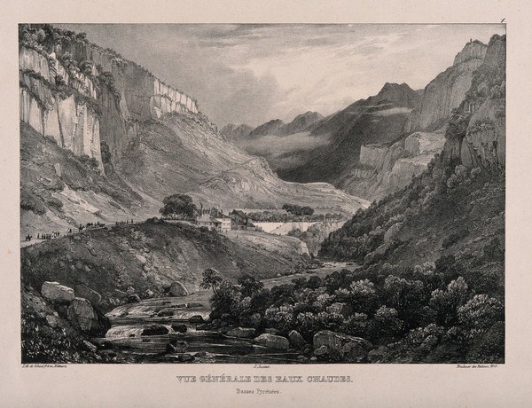Les Eaux-Chaudes, Pyrénées, France. Lithograph by J. Jacottet.