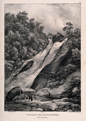 view Les Eaux-Bonnes, Pyrénées: waterfalls. Lithograph by J. Jacottet.