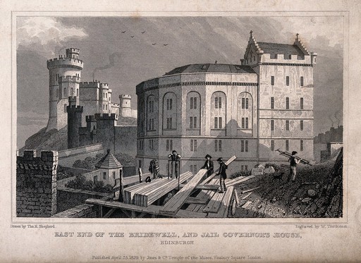 Construction work in front of Bridewell prison and the jail governors house, Edinburgh, Scotland. Steel engraving by W. Tombleson, 1829, after T.H. Shepherd.
