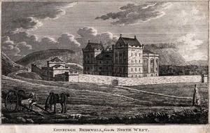 view Bridewell Prison, Edinburgh, Scotland. Line engraving.