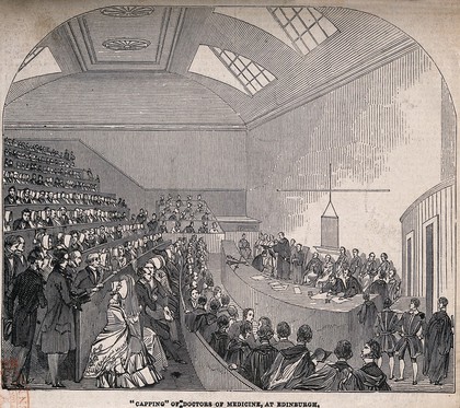 Doctors receiving their degrees in a degree ceremony, Edinburgh. Wood engraving, 1845.