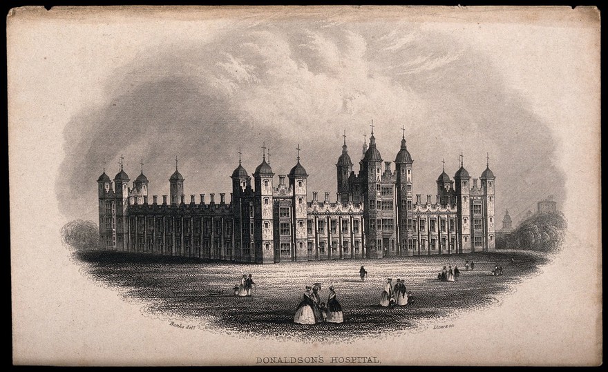 Figures walking in the grounds in Donaldson's Hospital, Edinburgh, Scotland. Line engraving by W.H. Lizars after W. Banks.