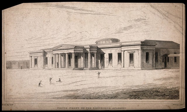 Boys playing in front of the Edinburgh Academy, Edinburgh, Scotland. Etching by W.H. Lizars after W. Burn, 1823-1836.