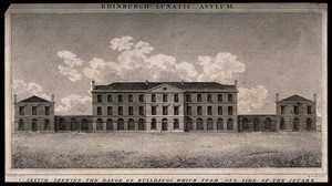 view Edinburgh Lunatic Asylum: elevation. Line engraving by R. Scott after R. Reid.