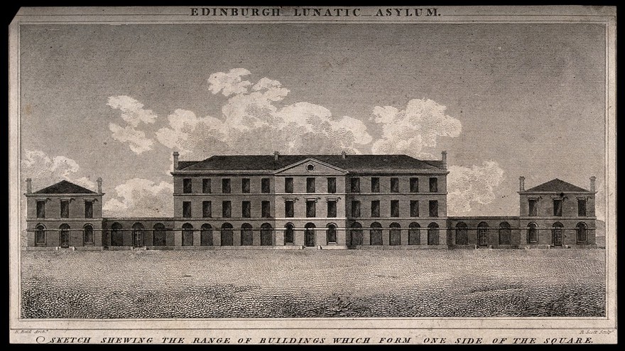 Edinburgh Lunatic Asylum: elevation. Line engraving by R. Scott after R. Reid.