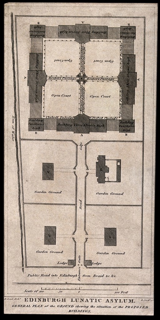 A floor plan of Edinburgh Lunatic Asylum with scale and key, Scotland. Line engraving by R. Scott after R. Reid.