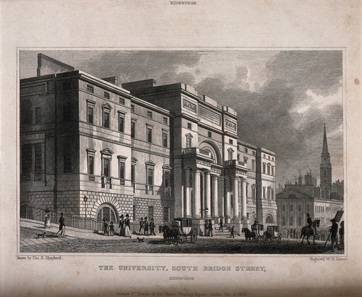 Busy street-life in front of Edinburgh University, Scotland. Line engraving by W.H. Lizars, 1829, after T.H. Shepherd.