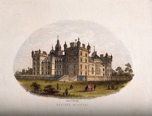 view Heriot's Hospital, Edinburgh: figures in the grounds. Coloured line engraving.