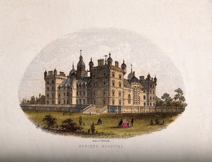 Heriot's Hospital, Edinburgh: figures in the grounds. Coloured line engraving.