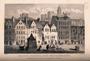 view The Grassmarket with Heriot's Hospital in the background, Edinburgh, Scotland. Etching by G. Aikman, 1841, after Storer.