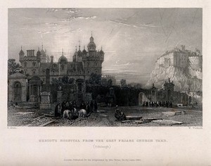 view Heriot's Hospital, Edinburgh Castle from Grey Friars Church yard, Edinburgh, Scotland. Line engraving by W. Woolnoth, 1836, after T. Allom.