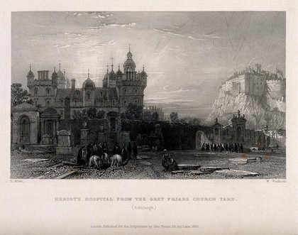Heriot's Hospital, Edinburgh Castle from Grey Friars Church yard, Edinburgh, Scotland. Line engraving by W. Woolnoth, 1836, after T. Allom.