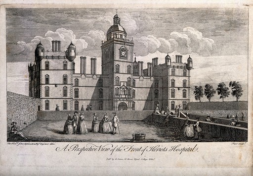 Figures strolling in the grounds of Heriot's Hospital. Line engraving by Parr after J. Elphinstone.