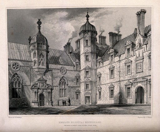The north west sides of the courtyard of Heriot's Hospital, Edinburgh, Scotland. Line engraving by G. Winter, 1847, after R.W. Billings.