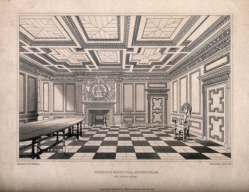 The interior and Council Room, Heriots Hospital, Edinburgh, Scotland. Line engraving by J.H. Le Keux, 1847, after R.W. Billings.