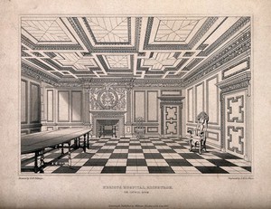 view Heriot's Hospital, Edinburgh: the interior and Council Room. Line engraving by J.H. Le Keux, 1847, after R.W. Billings.