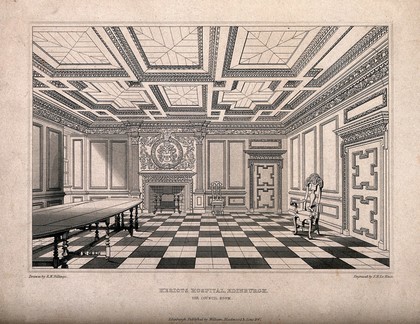 Heriot's Hospital, Edinburgh: the interior and Council Room. Line engraving by J.H. Le Keux, 1847, after R.W. Billings.