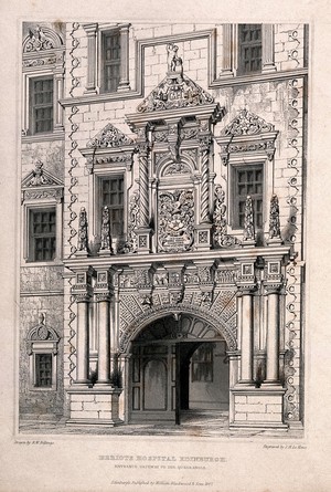 view Heriot's Hospital, Edinburgh: the gateway entrance. Line engraving by J.H. Le Keux, 1847, after R.W. Billings.