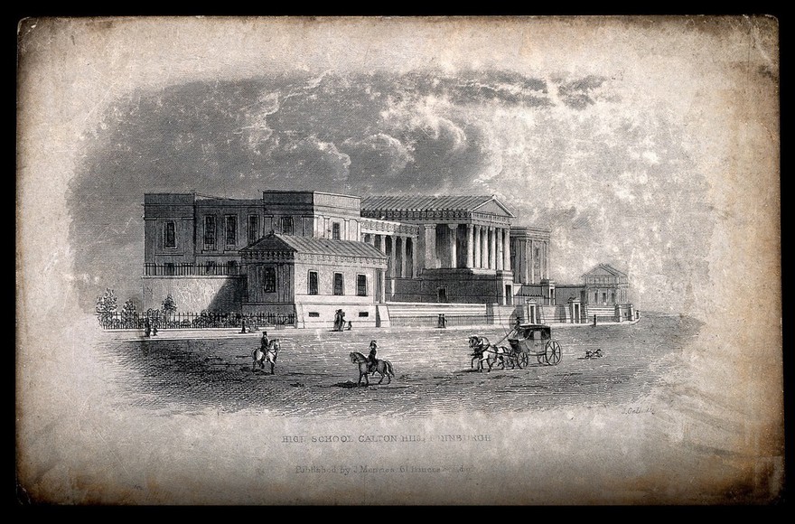 Horsemen and carriages in front of the High School, Carlton Hill, Edinburgh, Scotland. Line engraving by J. Gellath.