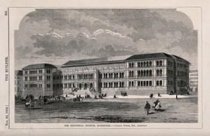 view Figures strolling to and from the Industrial Museum, Edinburgh, Scotland. Wood engraving by W.E. Hodgkin, 1862, after B. Sly.