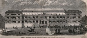 view The Industrial Museum, Edinburgh: the facade, with visitors in the foreground. Wood engraving.