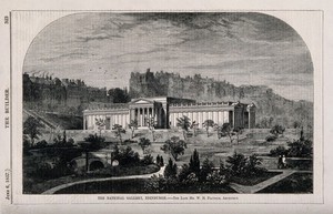 view The National Gallery, Edinburgh, Scotland. Wood engraving by C. Sheeres, 1857, after B. Sly.
