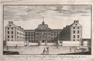 view The Royal Infirmary, Edinburgh, Scotland. Line engraving after J. Elphinstone.