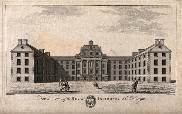 The Royal Infirmary with figures and coat of arms, Edinburgh, Scotland. Line engraving by P. Fourdrinier after P. Sandby.