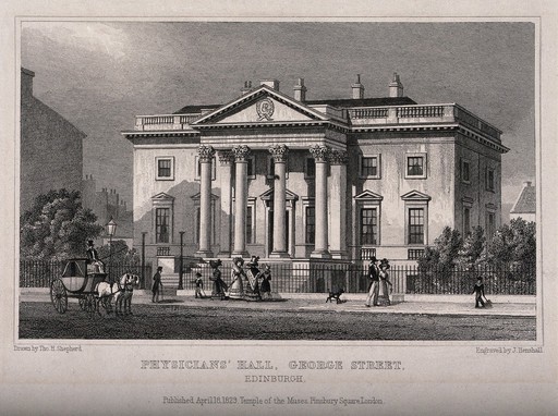 Figures strolling outside the Physicians Hall, Edinburgh, Scotland. Line engraving by J. Henshall, 1829, after T.H. Shepherd.