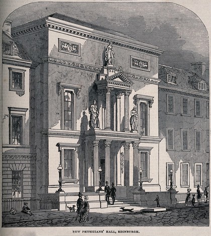 The entrance to the New Physicians' Hall, Edinburgh, Scotland. Wood engraving.