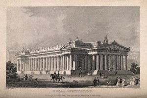 view Figures outside the Royal Institution. Line engraving by G. Aikman, 1841, after G.M. Kemp.