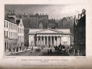 view The Royal Institution with Edinburgh cityscape behind, Scotland. Line engraving by S. Lacy, 1829, after T.H. Shepherd.