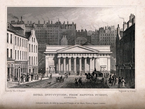 The Royal Institution with Edinburgh cityscape behind, Scotland. Line engraving by S. Lacy, 1829, after T.H. Shepherd.