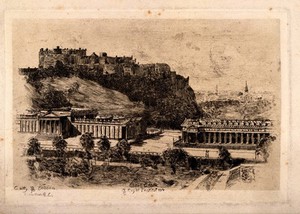 view The Royal Institution and Edinburgh Castle, Scotland. Etching.