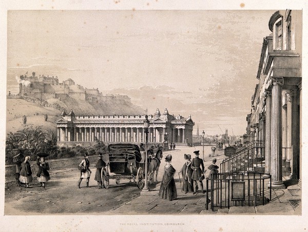 The Royal Institution, Edinburgh, with a view of the Castle. Tinted lithograph.