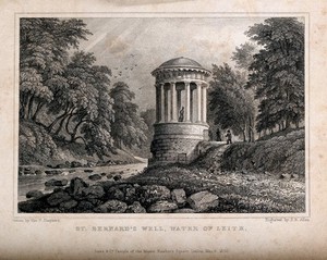 view St. Bernard's Well by the River Leith, Edinburgh, Scotland. Line engraving by J.B. Allen, 1830, after T.H. Shepherd.