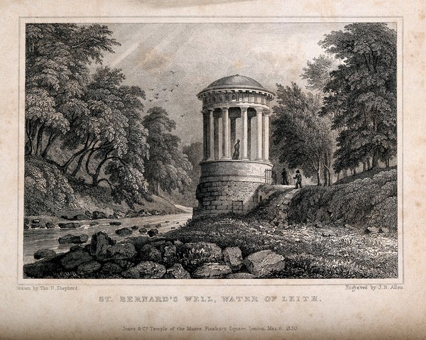 St. Bernard's Well by the River Leith, Edinburgh, Scotland. Line engraving by J.B. Allen, 1830, after T.H. Shepherd.