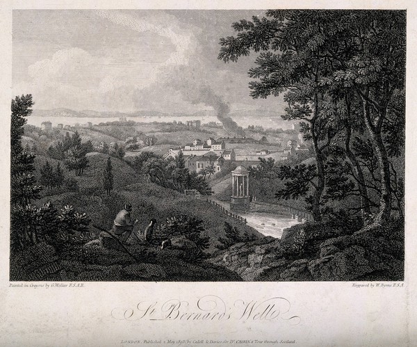St. Bernard's Well, Edinburgh, Scotland. Line engraving by W. Byrne, 1803, after G. Walker.