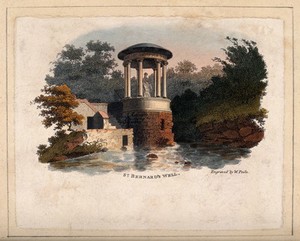 view St Bernard's Well, Edinburgh, Scotland. Coloured line engraving by W. Poole.