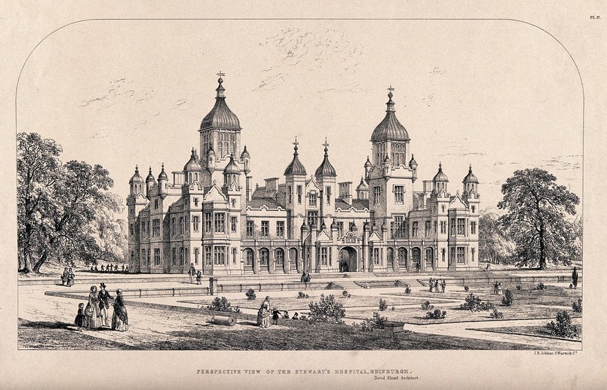 Stewart's Hospital, Edinburgh, Scotland. Transfer lithograph by J.R. Jobbins.