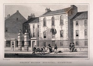 view Figures standing outside the Trades' Maiden Hospital, Edinburgh, Scotland. Line engraving by A. Cruse after T.H. Shepherd.