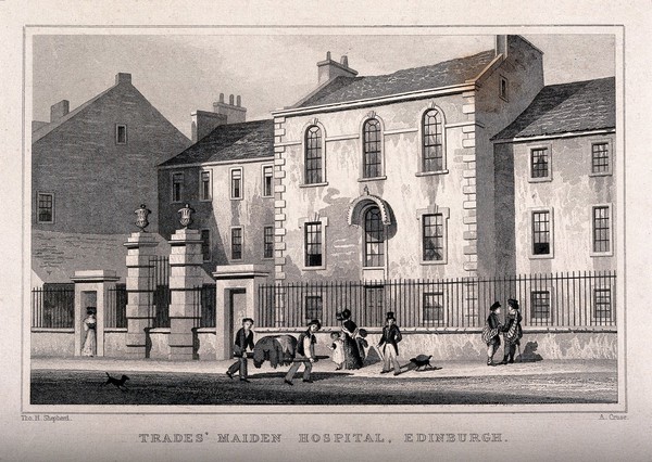 Figures standing outside the Trades' Maiden Hospital, Edinburgh, Scotland. Line engraving by A. Cruse after T.H. Shepherd.