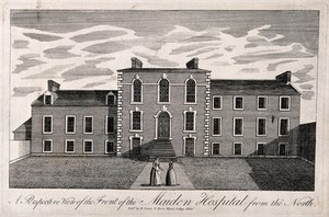 view Two women standing in front of the Maiden Hospital, Edinburgh, Scotland. Line engraving.