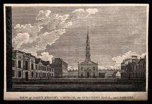 view St. Enoch's Church, Surgeons Hall and square, Glasgow, Scotland. Line engraving.