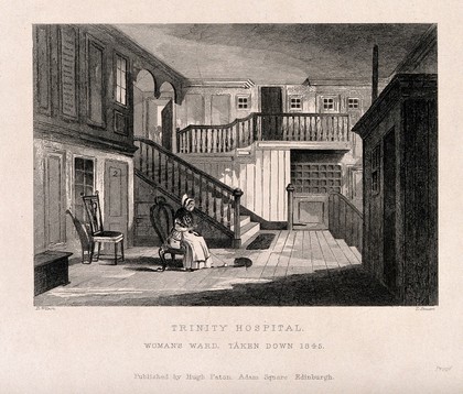 A woman knitting while a cat plays with the wool in the woman's ward, Trinity Hospital, Edinburgh. Line engraving by T. Stewart after D. Wilson.