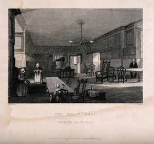 view Figures in the Great Hall, Trinity Hospital, Edinburgh. Line engraving by T. Stewart after D. Wilson.